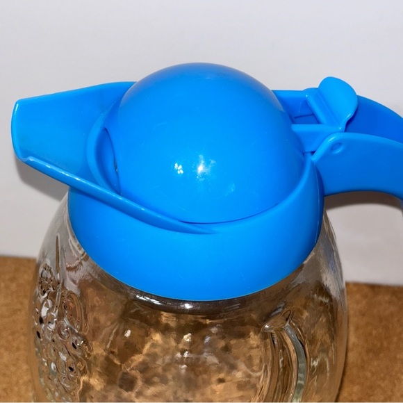 Solmaz Mercan Glass Juice Pitcher Blue Lid Embossed Fruit Pattern Vintage - Picture 2 of 5